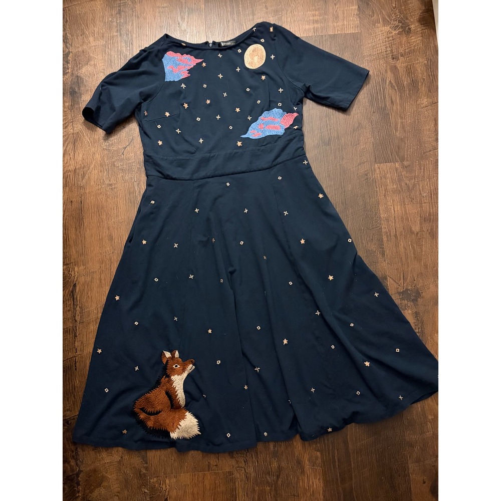 eShakti Navy Blue Fox Embroidered Fit & Flare Dress with Pockets XL 16-18